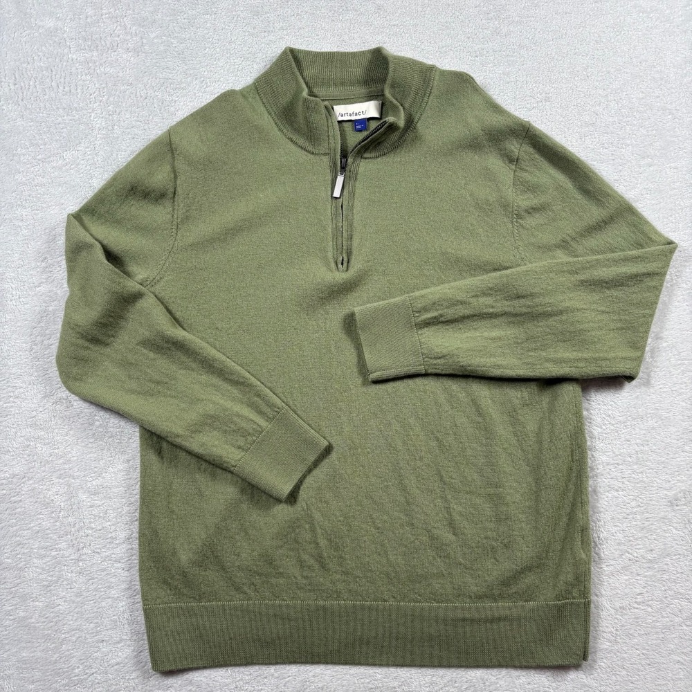 Artefact Sweater Mens XL Green 100% Merino Wool Chunky Knit 1/4 Zip‎ Mock Neck